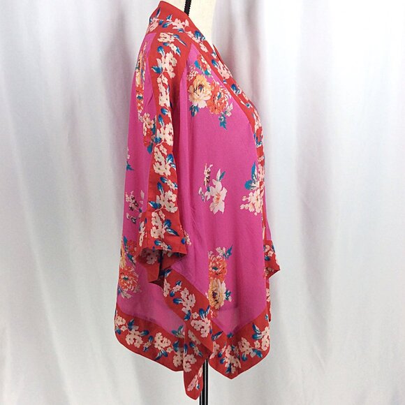 Mahila Kimono Cardigan OS Floral Pink Red Open Front Flowy Modal - Picture 2 of 10